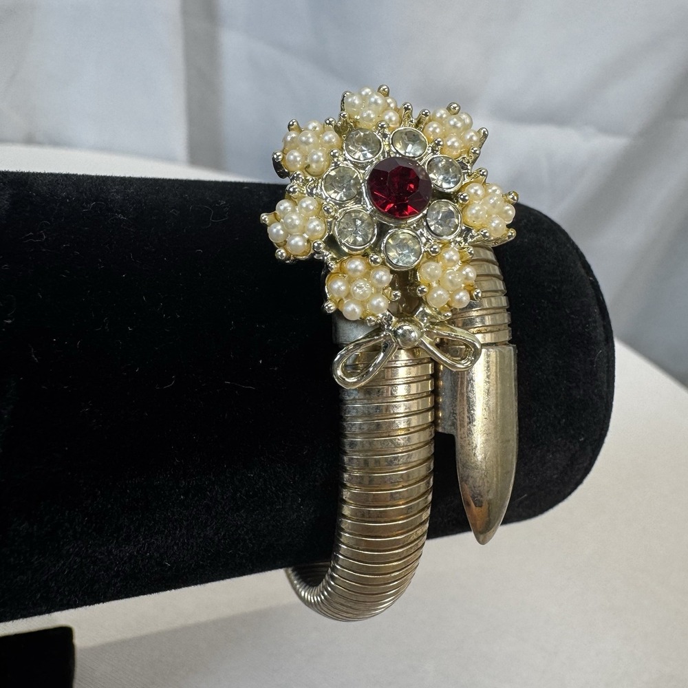 Vintage Red Rhinestone‎ & Faux Pearl Flower Gold Tone Coil  Bracelet